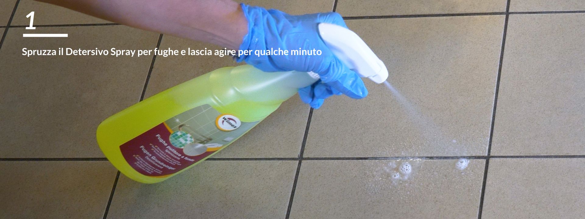 Spruzza il detersivo spray per fughe e lascia agire per qualche minuto